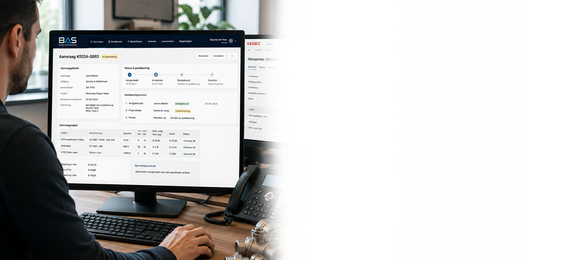 Medewerker werkt met BaS Intern BestelSysteem en Exact Online